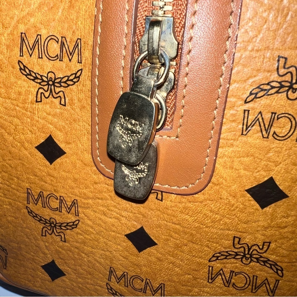 MCM Vintage Cognac Visetos Monogram Boston Satchel Bag with Gold Logo Plate - Picture 5 of 14